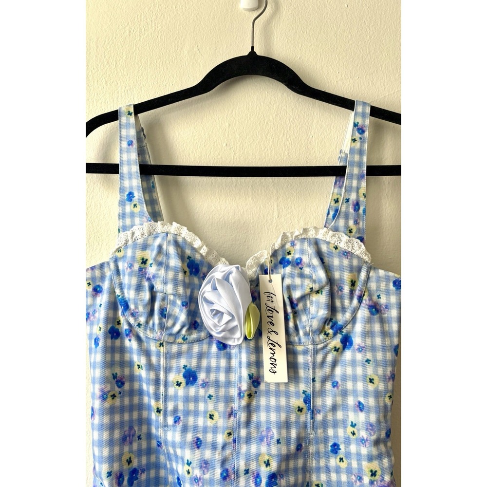 For Love & Lemons NEW $461 Brigitta Rose-Embellished Gingham Mini Dress Small - Picture 7 of 8
